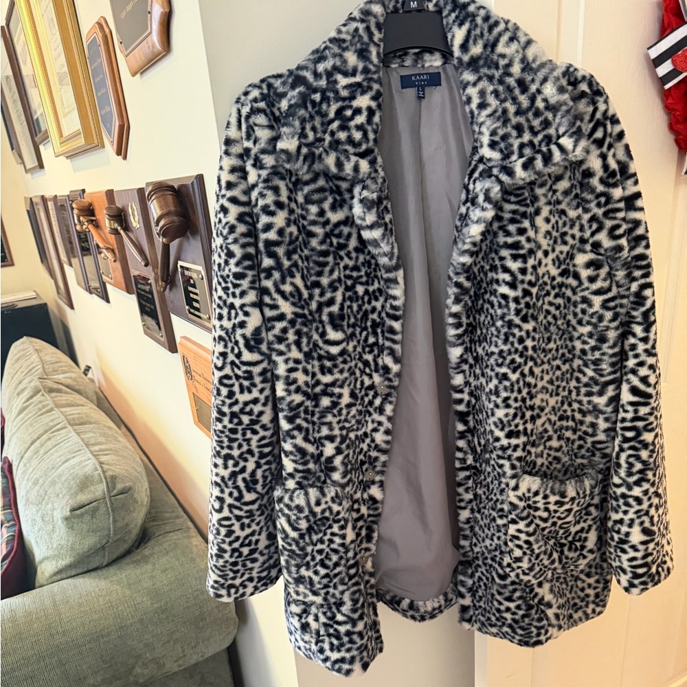 Kaari Blue Black and White Animal Print Teddy Jacket